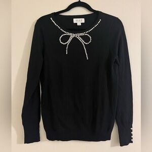 Elle Women’s Black Sweater with Faux Pearl Bow Details